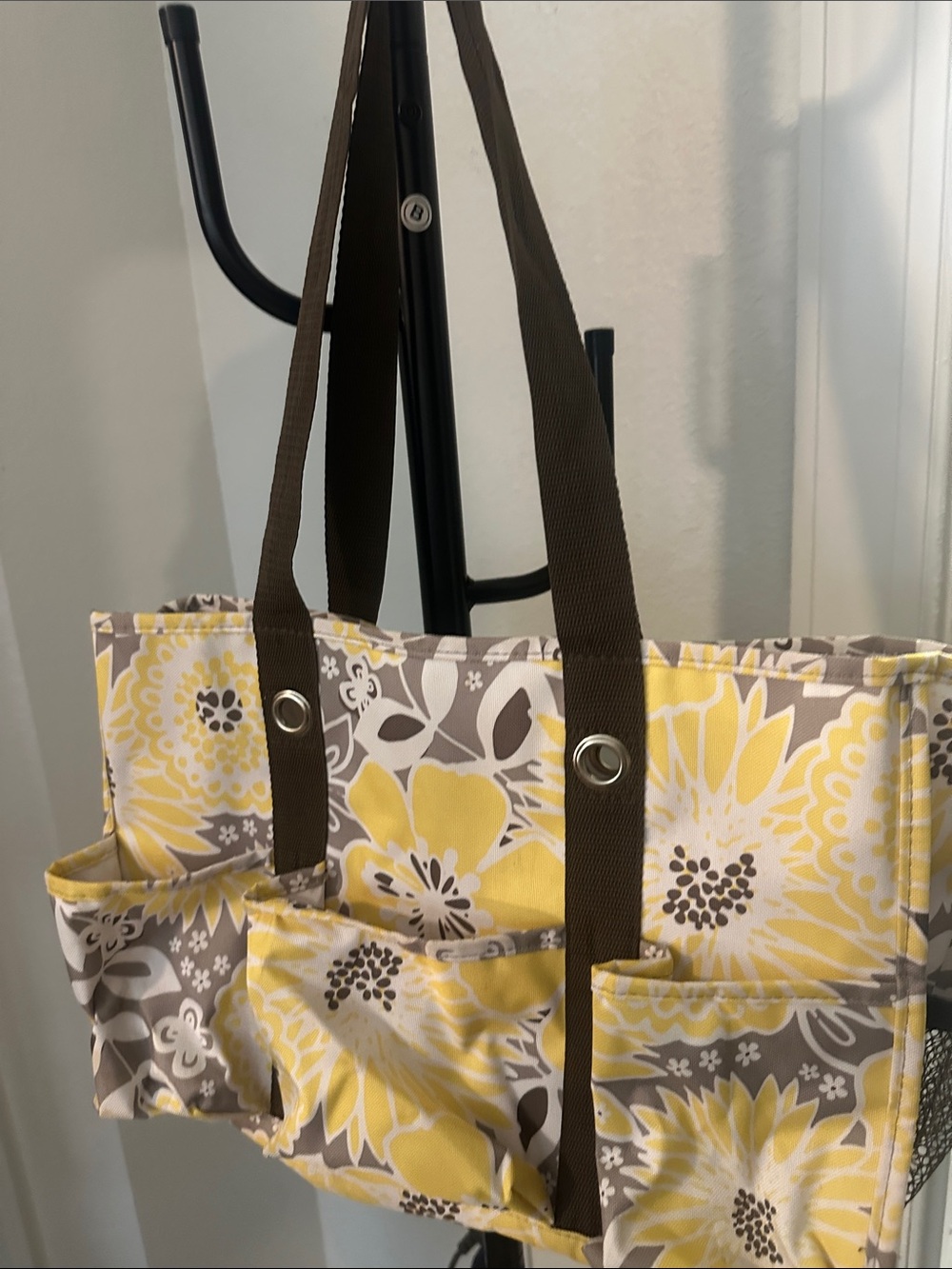 Thirty one Yellow Floral Organizer Tote with Brown Straps